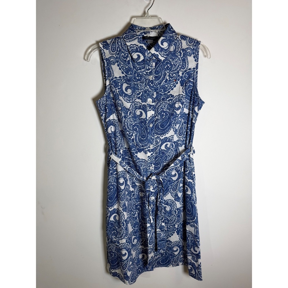 Tommy Hilfiger Blue White Paisley Sleeveless‎ Cotton Belted Shirt Dress 4 NEW